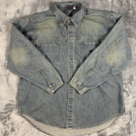 Vtg Bugle Boy Jean Co Denim Button Up Shirt Snap Button Men's XL Elbow Patch - Picture 1 of 8
